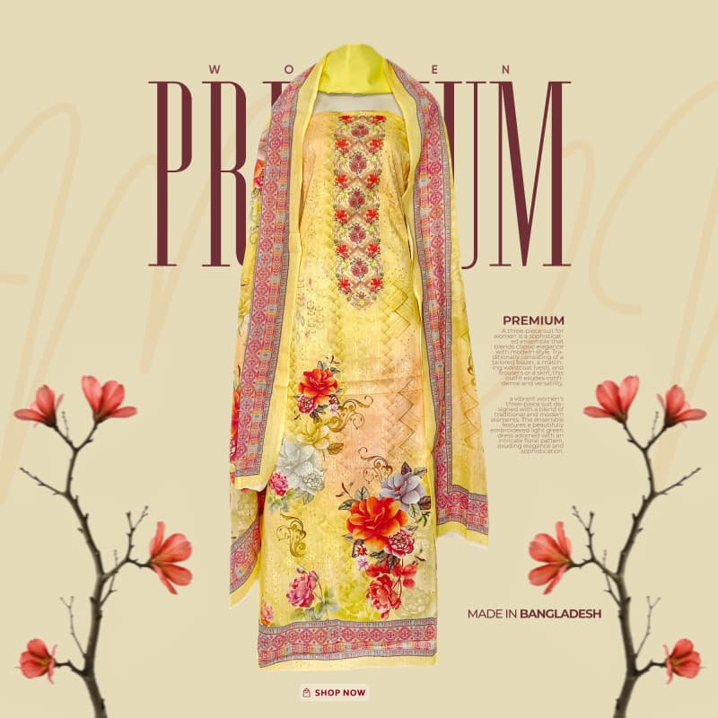 Premium Quality Cotton Lawn Digital Print 3 piece - Yellow — Bdbou