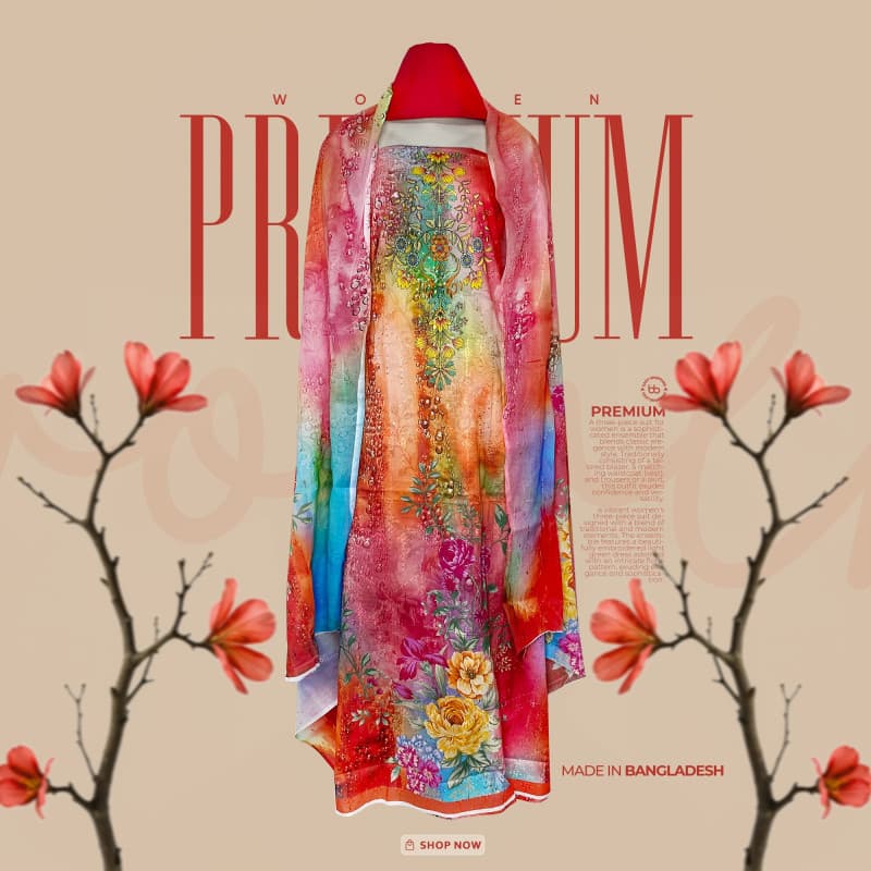 Premium Quality Cotton Lawn Digital Print 3 piece - Red — Bdbou