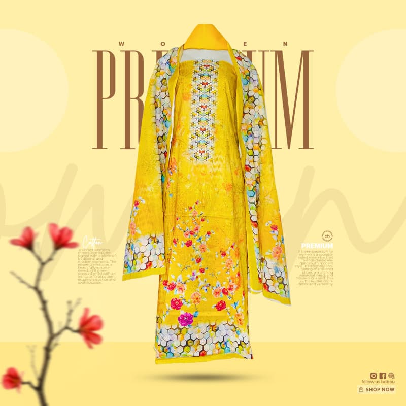 Premium Quality Cotton Lawn Digital Print 3 piece - Yellow — Bdbou